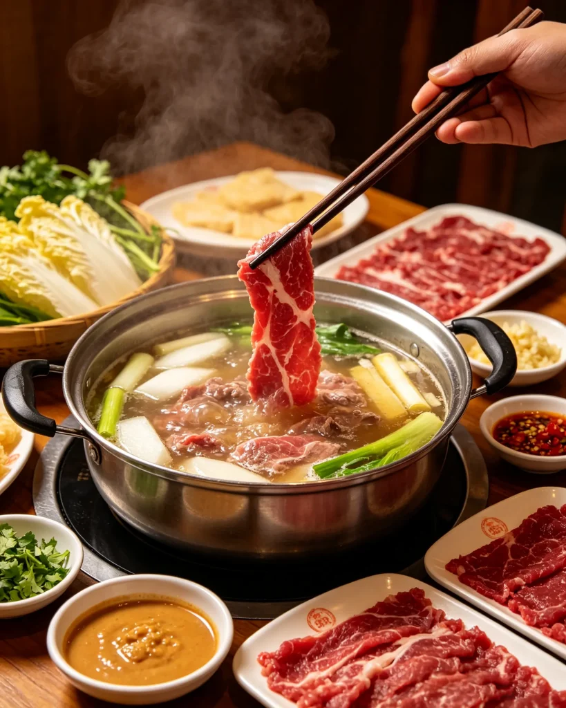 吊龙伴牛肉适合大火快涮,下锅后一般涮 8 到 12 秒即可捞起。