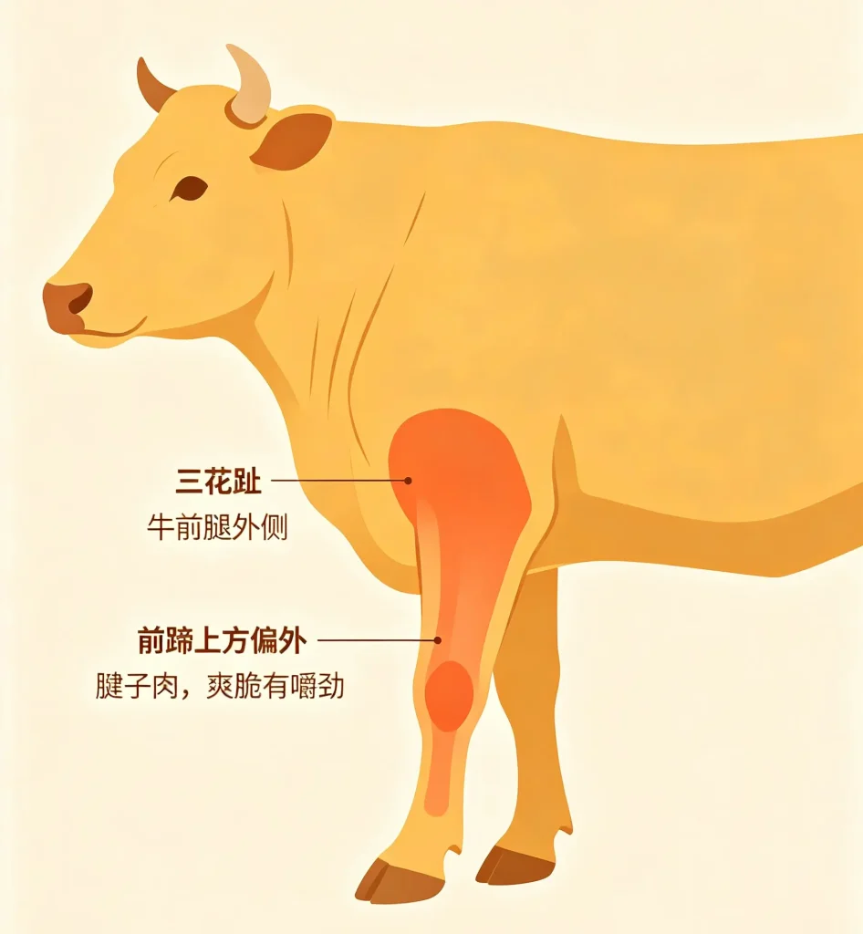 位置更偏外侧,肉质同样紧实,适合喜欢有嚼劲口感的人。