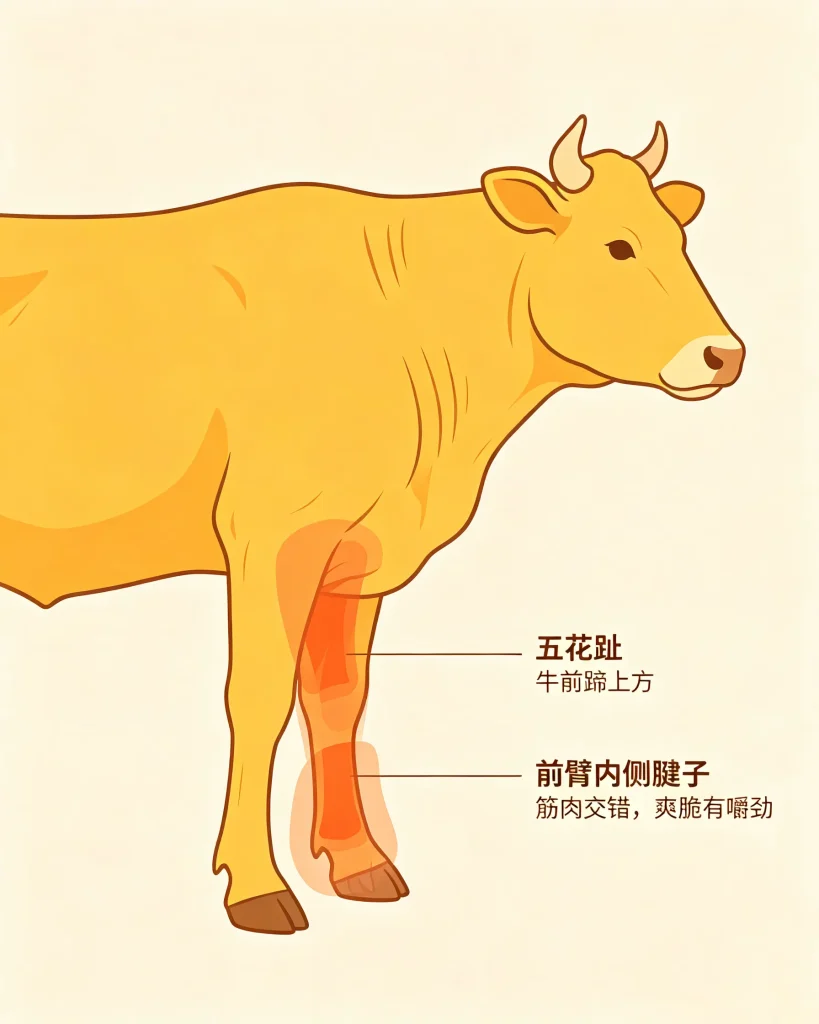 五花趾这个部位经常运动，所以肉质紧实，带一定筋腱口感，是潮汕牛肉火锅中很有辨识度的部位。