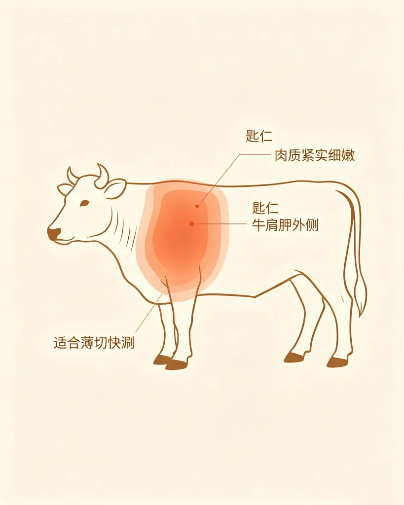 这个位置的牛肉运动程度适中,肉质通常紧实细嫩,瘦肉比例较高,吃起来有明显牛肉香。