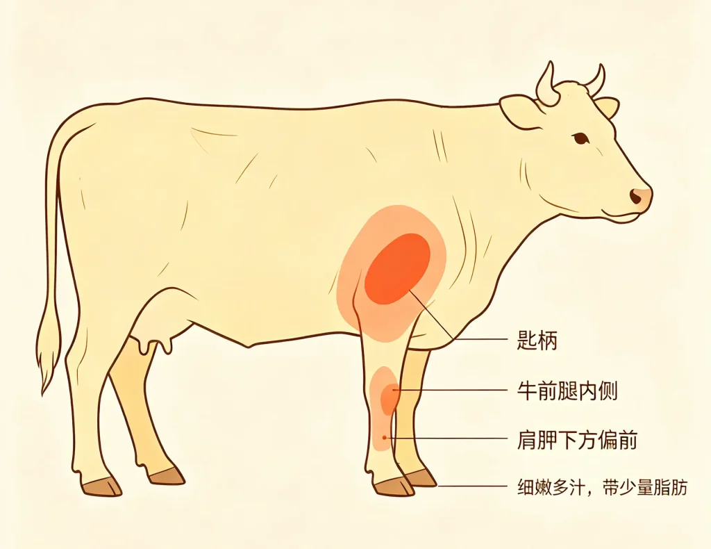 匙柄和脖仁、匙仁位置相近但不完全相同，口感通常更细嫩，适合作为火锅快涮部位。
