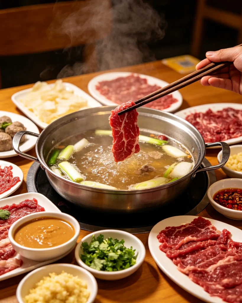 吃汕头牛肉火锅时,吊龙一般适合大火快涮,十几秒即可捞起