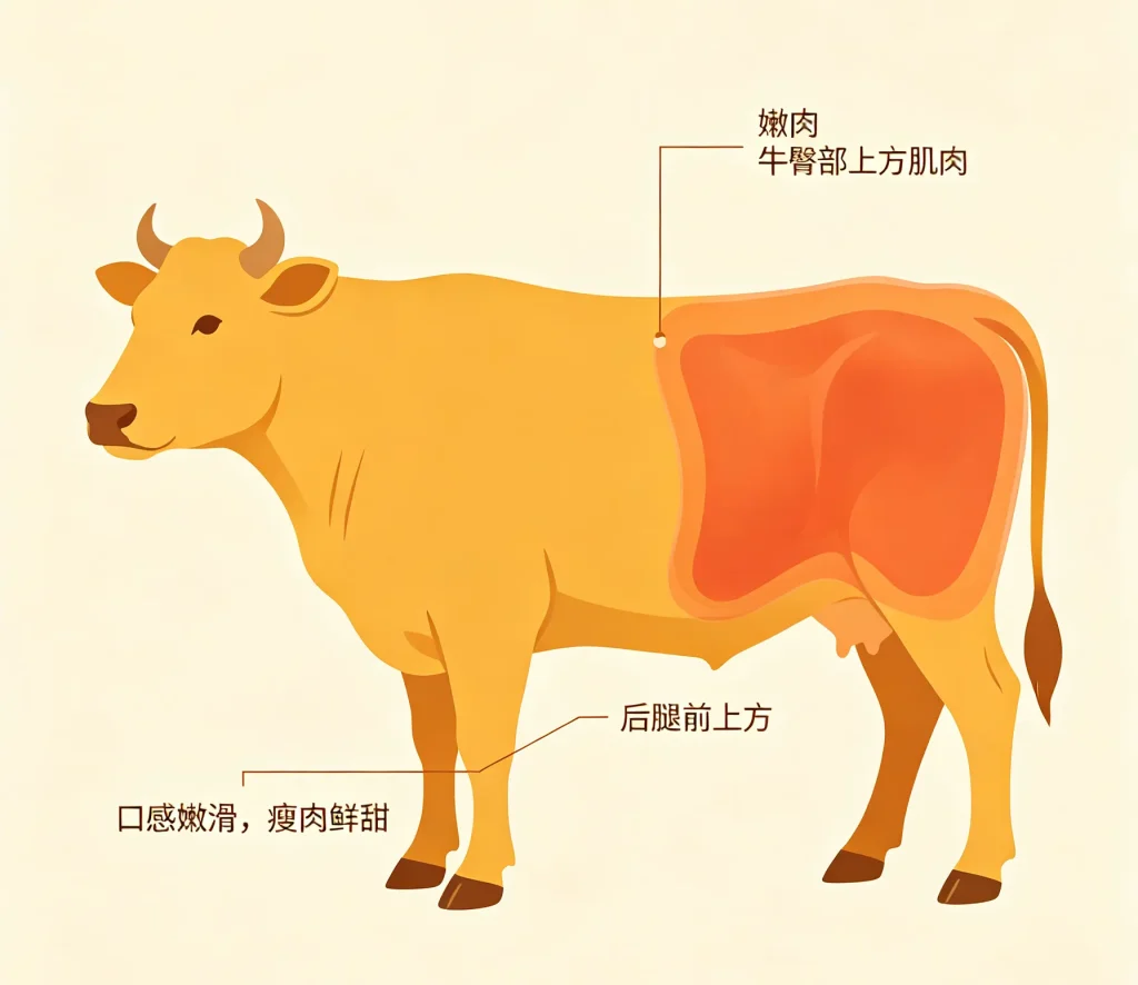 这个部位运动强度相对适中，肉质纤维较细，因此口感通常比普通瘦肉更嫩滑。