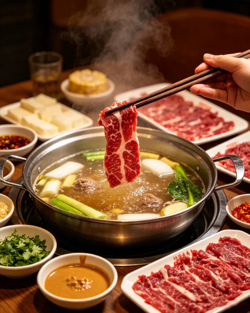 吃潮汕牛肉火锅时，脖仁适合大火快涮，一般涮到表面刚变色即可捞起
